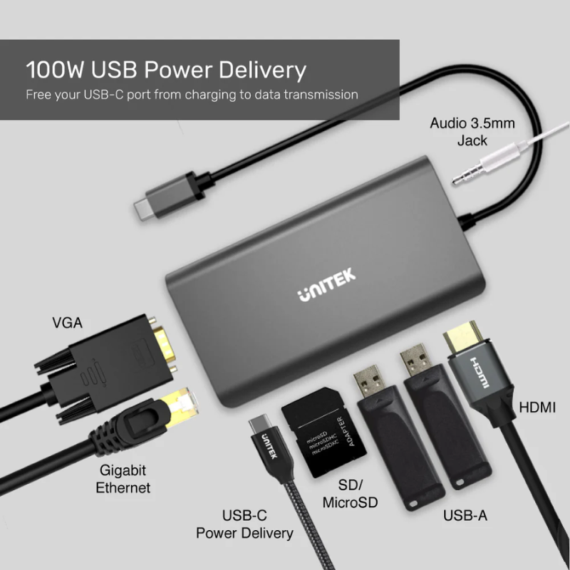 Hub USB C UNITEK uHUB O8 8 in 1 (Dual Display HDMI/VGA + PD 100W + LAN)