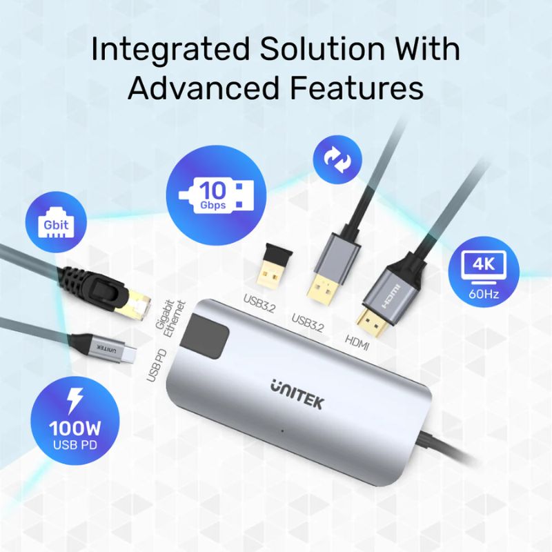 Hub USB C UNITEK uHUB P5+ 5 in 1 (10Gbps + HDMI 4K 60Hz + PD 100W + LAN)