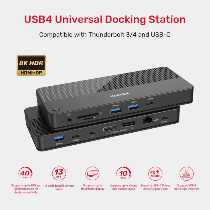 Hub USB4 UNITEK 12 in 1 - 8K/Triple 4K, 40Gbps, 100W PD
