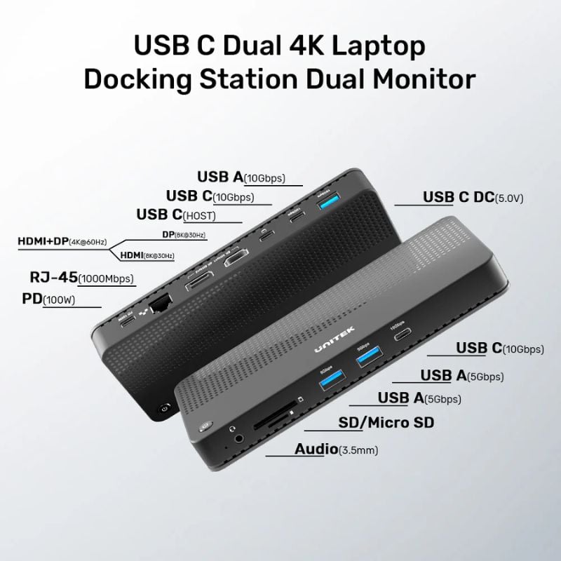 Hub USB4 UNITEK 12 in 1 - 8K/Triple 4K, 40Gbps, 100W PD