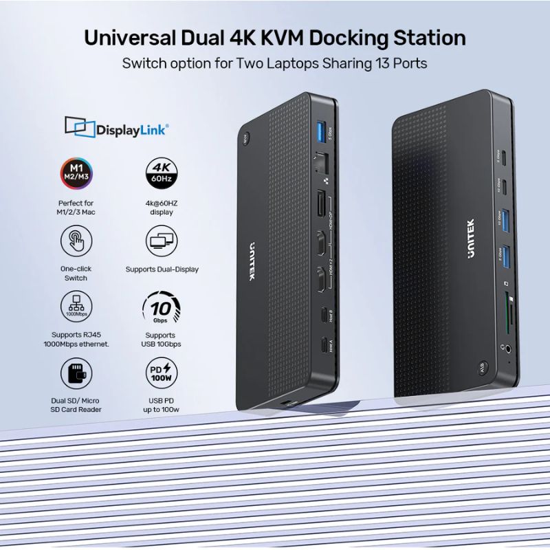 Trạm kết nối Docking UNITEK KVM 4K 60Hz 100W PD | Điều Khiển 2 PC
