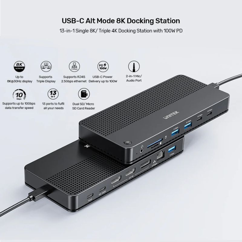 Trạm kết nối Docking UNITEK USB C 8K - Triple 4K, 100W PD