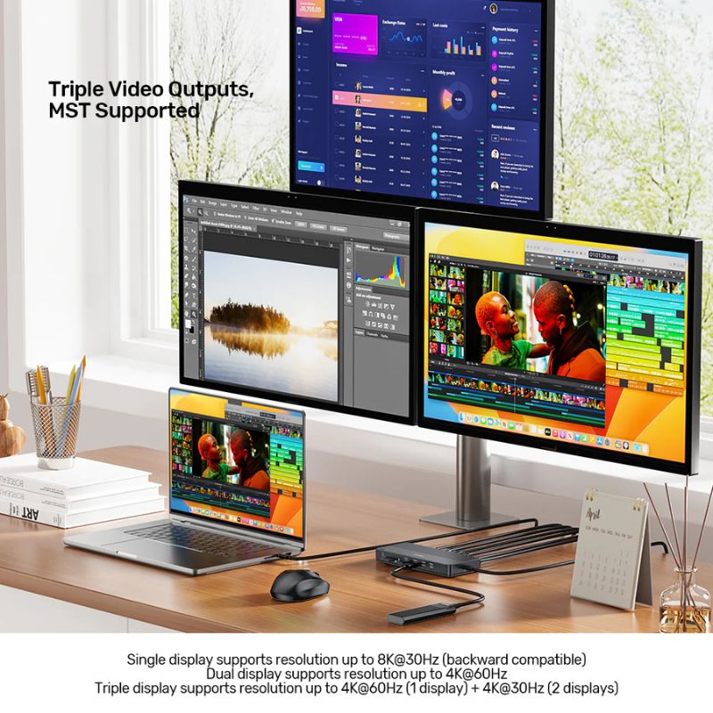 Trạm kết nối Docking UNITEK USB C 8K - Triple 4K, 100W PD
