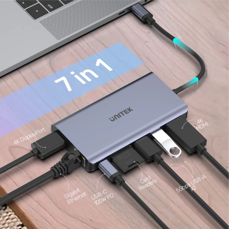 Hub USB C UNITEK uHUB S7 7 in 1 (Dual Monitor 4K DP/HDMI + LAN + PD 100W)