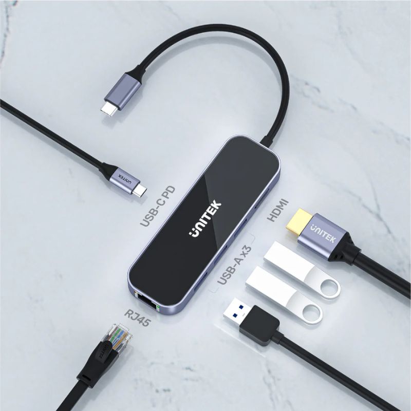 Hub USB C UNITEK uHUB H6 Gloss 6 in 1 (HDMI 4K 60Hz + LAN Gigabit + PD 100W)