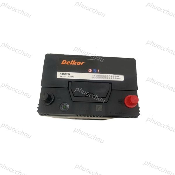 Bình ắc quy Delkor 100D26L 12V 75Ah nhìn từ trên xuống, mặt tem thông số và cọc bình