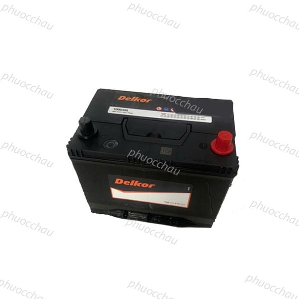 Bình ắc quy Delkor 100D26L 12V 75Ah mặt chính diện tem Delkor Calcion và nắp cọc đỏ đen