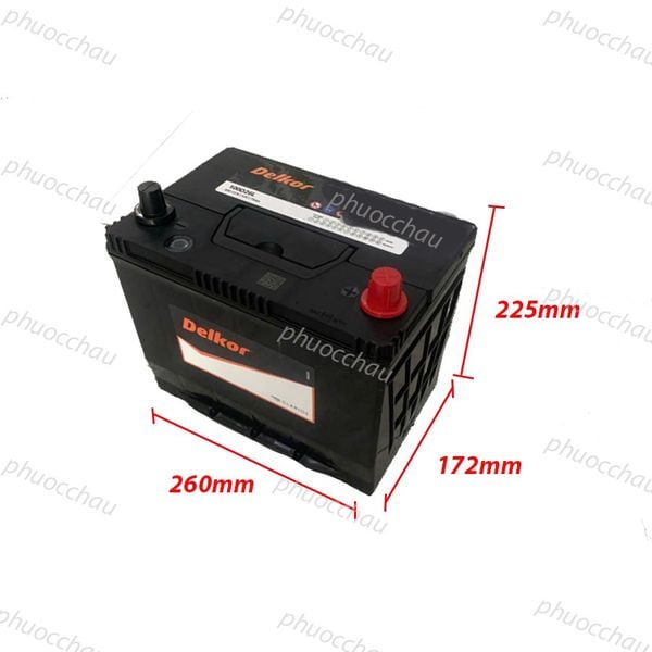 Bình ắc quy Delkor 100D26L 12V 75Ah nghiêng phải kèm số đo kích thước 260x172x225mm