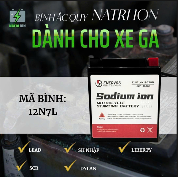 Bình Ắc Quy Xe Máy Natri iOn 12N7L 12V-7Ah, dùng cho SH Ý, DYLAN, Lead cũ, Vespa mới, Liberty, SCR