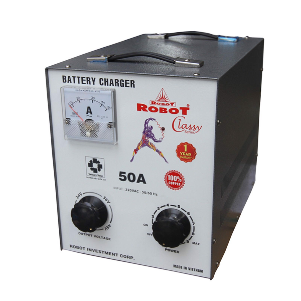 Máy sạc ắc quy Robot 50A Classy nhìn nghiêng phải, mặt trước trắng tem 100% Copper, núm vặn 24V-36V-48V