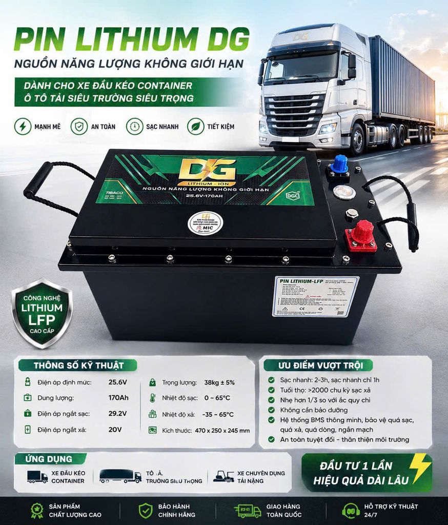 Bình Ắc Quy Lithium LFP DG 25.6V-170Ah – Pin LiFePO4 Chuyên Dụng Cho Xe Tải Howo, Sinotruck, Ắc Quy Cho Xe Đầu Kéo Trung Quốc