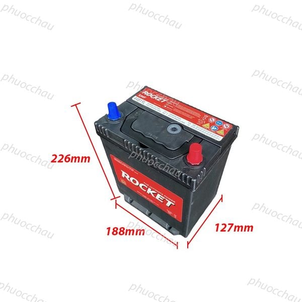 Bình ắc quy ROCKET SMF 44B19L 12V-40Ah nghiêng phải kèm số đo kích thước 226mm x 188mm x 127mm