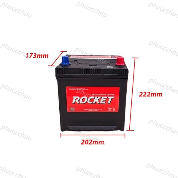 Ắc quy ROCKET SMF 50D20L 12V-50Ah mặt hông nghiêng phải kèm số đo kích thước 173mm x 202mm x 222mm