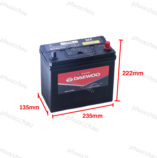 Ắc quy Daewoo 55B24L 12V 45AH kích thước dài 235mm rộng 135mm cao 222mm