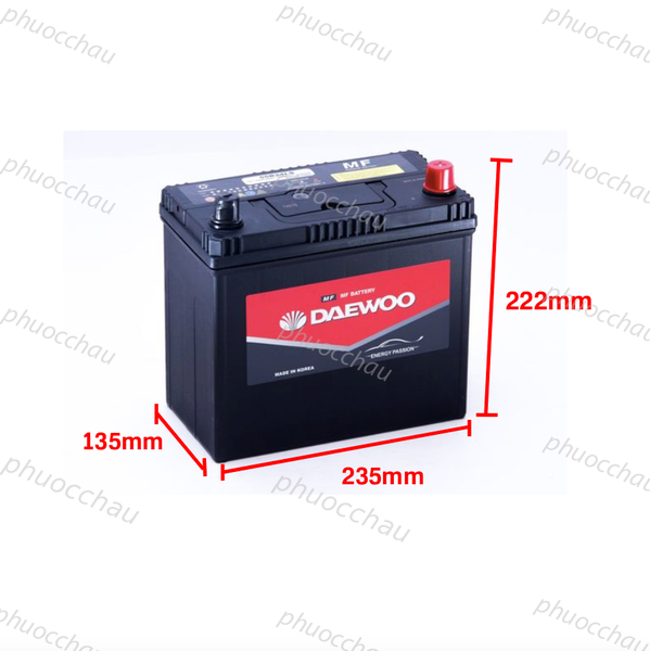 Ắc quy Daewoo 55B24L 12V 45AH - bản vẽ kích thước dài 235mm rộng 135mm cao 222mm