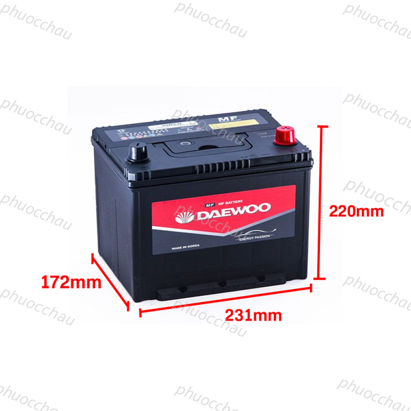 Bình ắc quy Daewoo 55D23L/R 12V 60AH với kích thước dài 231mm rộng 172mm cao 220mm