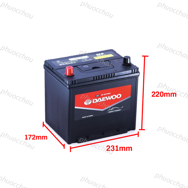 Ắc quy Daewoo 55D23L/R 12V 60AH kèm kích thước dài 231mm rộng 172mm cao 220mm