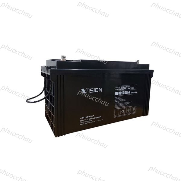Bình ắc quy VISION 6FM120E-X 12V-120AH mặt bên có quai xách, tem nhãn và dòng chữ Vision Group Việt Nam