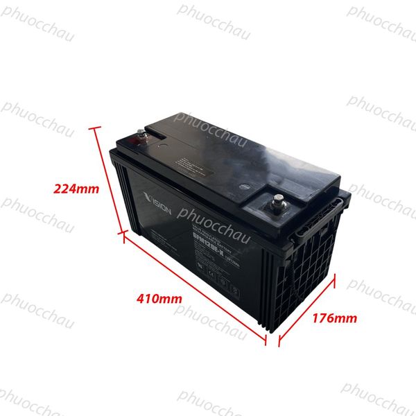 Ắc quy VISION 6FM120E-X 12V-120AH góc nghiêng phải kèm số đo kích thước 410mm x 176mm x 224mm
