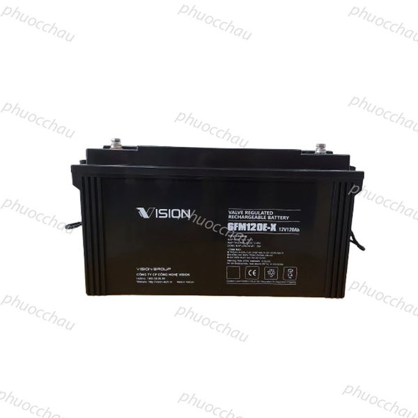 Bình ắc quy VISION 6FM120E-X 12V-120AH chính diện, vỏ đen, tem nhãn và 2 cọc bình