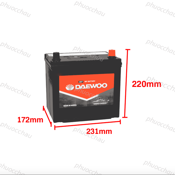 Ắc quy Daewoo 75D23L 12V 65AH - hình ảnh kích thước dài 231mm rộng 172mm cao 220mm