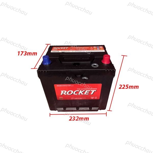 Ắc quy ROCKET SMF 75D23L/R 12V-65Ah nghiêng phải kèm số đo 173mm x 225mm x 232mm