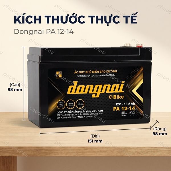 Kích thước ắc quy Dongnai PA 12-14: dài 151mm, rộng 98mm, cao 100mm