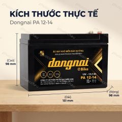 Kích thước ắc quy Dongnai PA 12-14: dài 151mm, rộng 98mm, cao 100mm