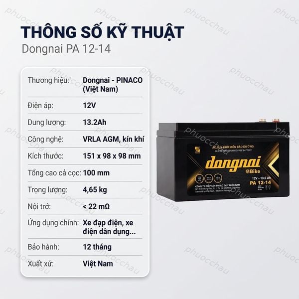 Thông số kỹ thuật ắc quy Dongnai PA 12-14 12V 13.2Ah kín khí VRLA AGM