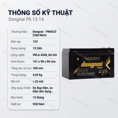 Thông số kỹ thuật ắc quy Dongnai PA 12-14 12V 13.2Ah kín khí VRLA AGM