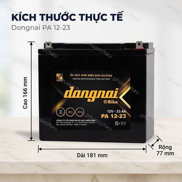 Kích thước ắc quy Dongnai PA 12-23: dài 181mm, rộng 77mm, cao 171mm
