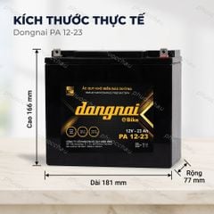 Kích thước ắc quy Dongnai PA 12-23: dài 181mm, rộng 77mm, cao 171mm