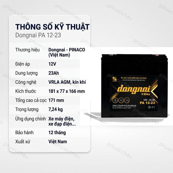 Thông số kỹ thuật ắc quy Dongnai PA 12-23 12V 23Ah kín khí VRLA AGM
