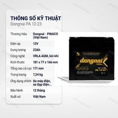 Thông số kỹ thuật ắc quy Dongnai PA 12-23 12V 23Ah kín khí VRLA AGM
