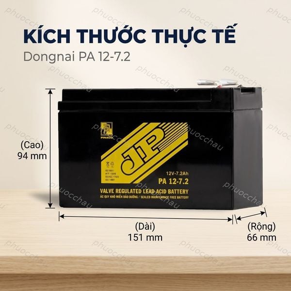 Kích thước ắc quy Đồng Nai PA 12-7.2: dài 151 rộng 66 cao 95mm