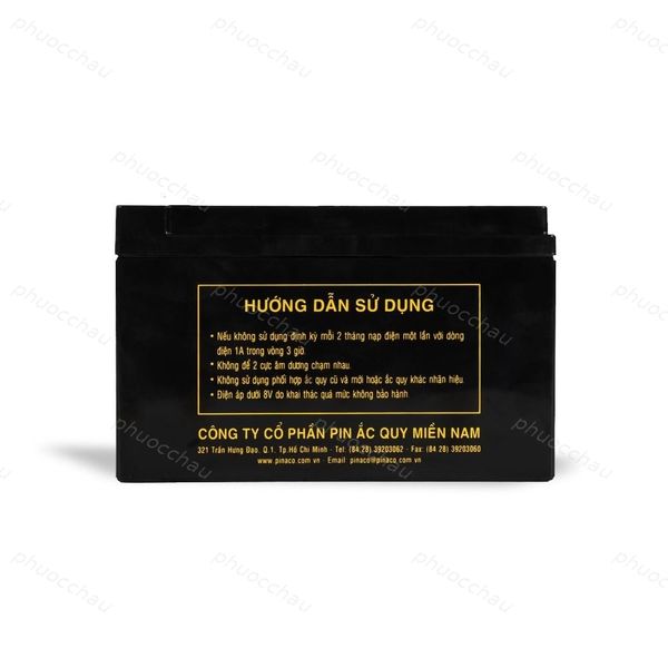 Ắc quy Đồng Nai PA 12-7.2 mặt sau có tem hướng dẫn sử dụng của PINACO