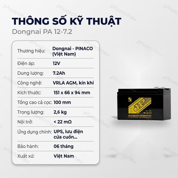 Thông số kỹ thuật ắc quy Đồng Nai PINACO PA 12-7.2 12V 7.2Ah VRLA AGM