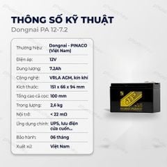 Thông số kỹ thuật ắc quy Đồng Nai PINACO PA 12-7.2 12V 7.2Ah VRLA AGM