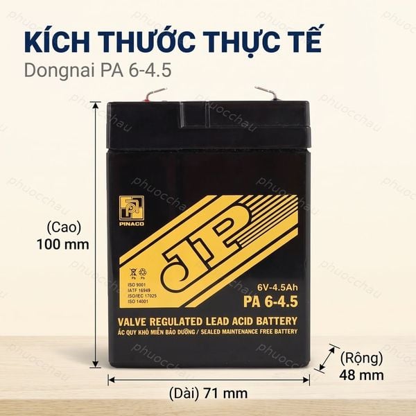 Kích thước ắc quy Đồng Nai PA 6-4.5: dài 71 rộng 48 cao 101mm