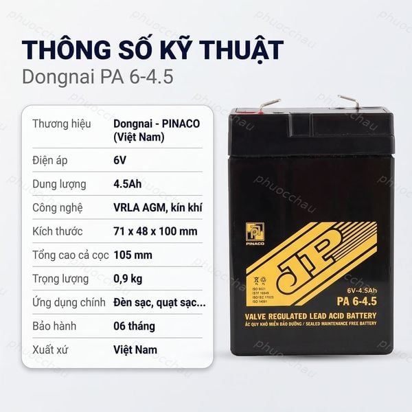 Thông số kỹ thuật ắc quy Đồng Nai PINACO PA 6-4.5 6V 4.5Ah VRLA AGM