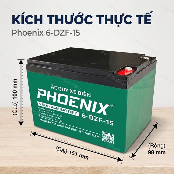 Kích thước ắc quy Phoenix 6-DZF-15: dài 151mm, rộng 98mm, cao 100mm