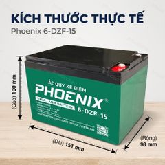 Kích thước ắc quy Phoenix 6-DZF-15: dài 151mm, rộng 98mm, cao 100mm