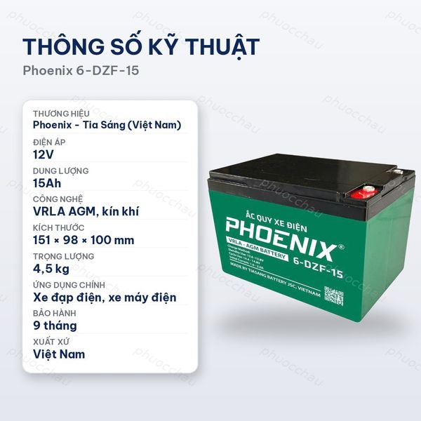 Thông số kỹ thuật ắc quy Phoenix 6-DZF-15 12V 15Ah kín khí VRLA AGM