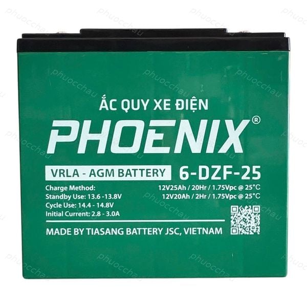 Góc chính diện ắc quy Phoenix 6-DZF-25 12V 25Ah kín khí VRLA AGM