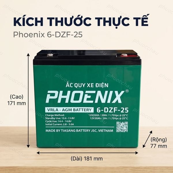 Kích thước ắc quy Phoenix 6-DZF-25: dài 181mm, rộng 77mm, cao 171mm