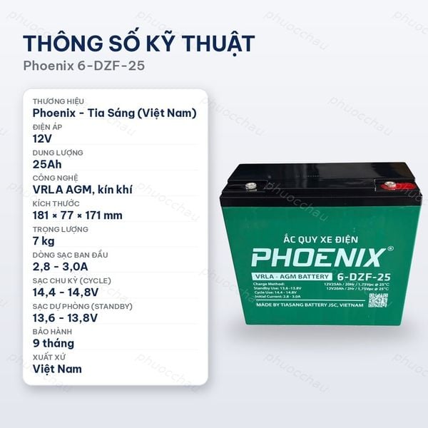 Thông số kỹ thuật ắc quy Phoenix 6-DZF-25 12V 25Ah kín khí VRLA AGM