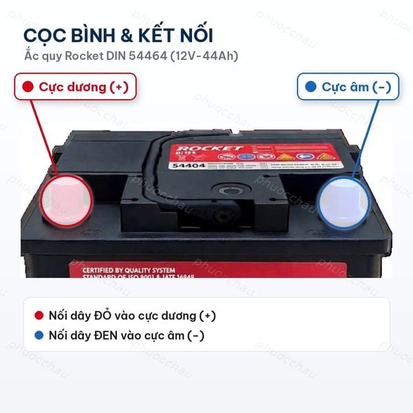 Cọc bình ắc quy Rocket 54464 cọc thuận (R): cực dương nắp đỏ, cực âm nắp xanh