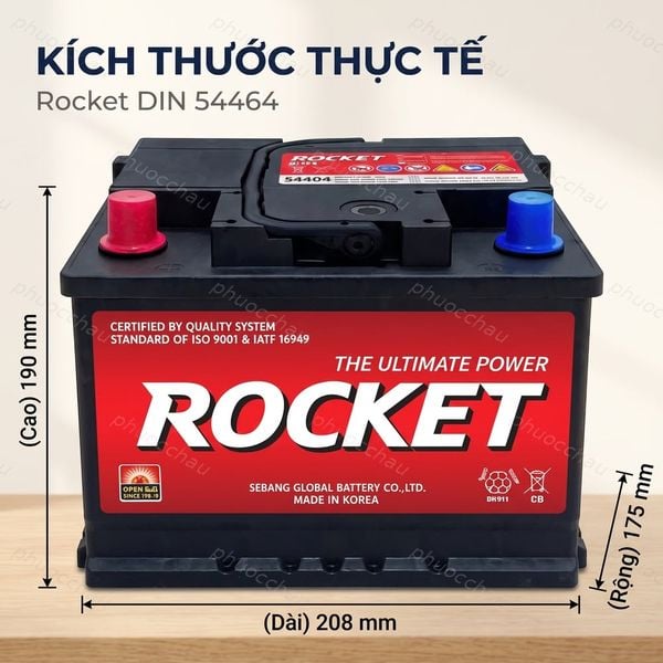 Kích thước ắc quy Rocket 54464: dài 208 rộng 175 cao 190mm