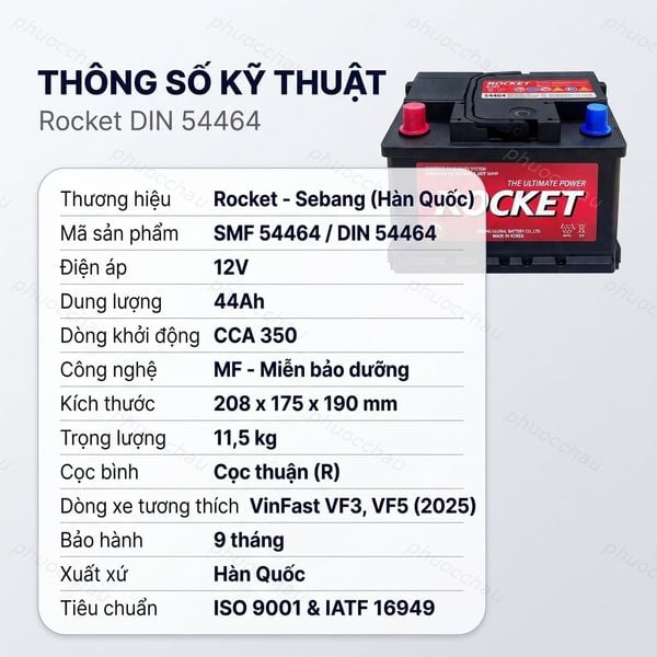 Thông số kỹ thuật ắc quy Rocket DIN 54464 12V 44Ah CCA 350