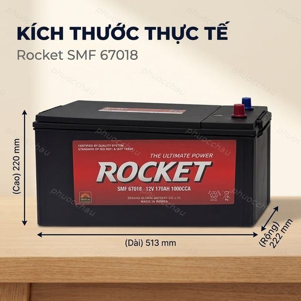 Kích thước ắc quy Rocket 67018: dài 513 rộng 222 cao 220mm
